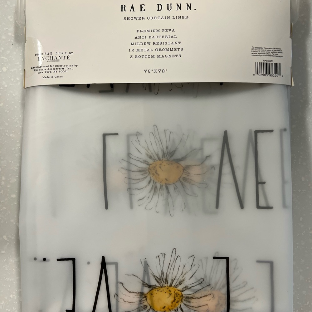 Rae Dunn PEVA shower curtain with LOVE & Daisy design